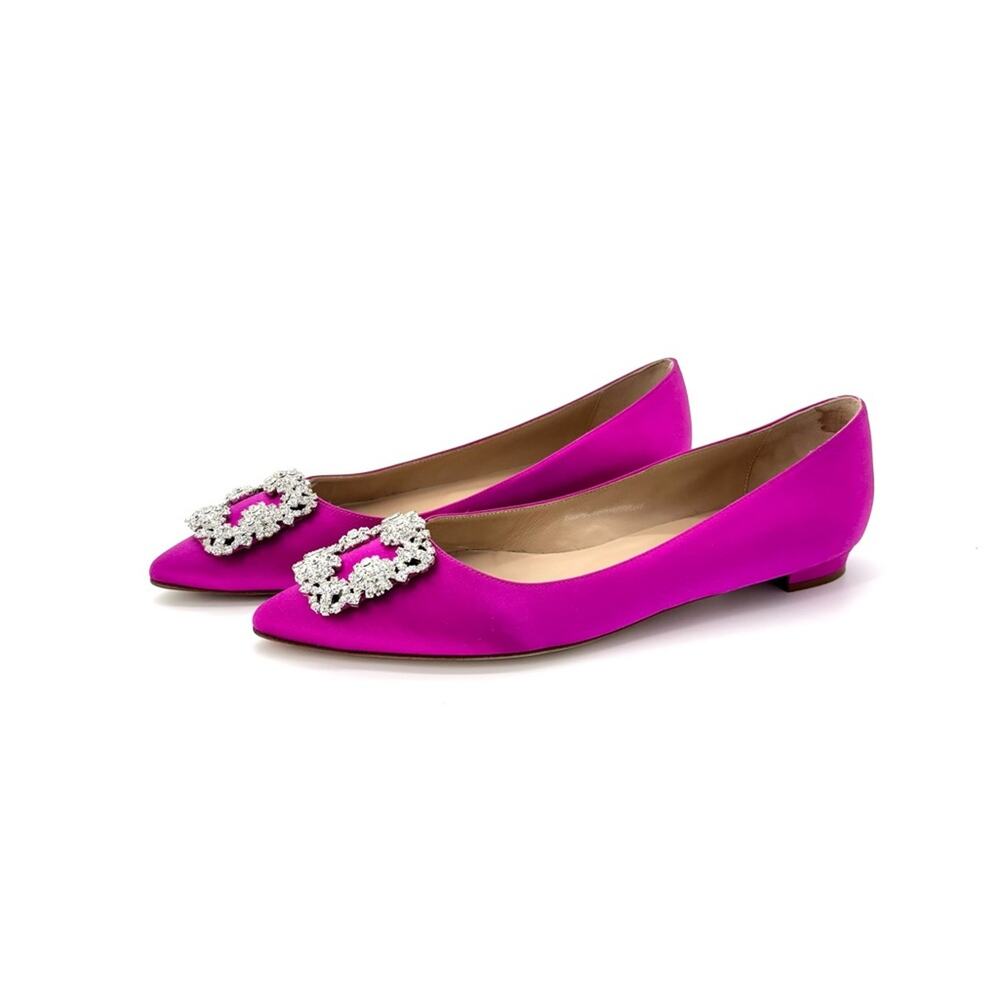 New Manolo Blahnik Hangisi Flat Fuchsia Crystal Embellished Pointed Toe Shoes 39